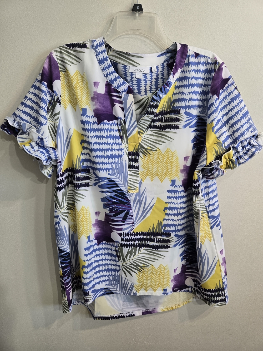 Chico's Tropical Print Short Sleeve Blouse - Yellow, Blue, Purple